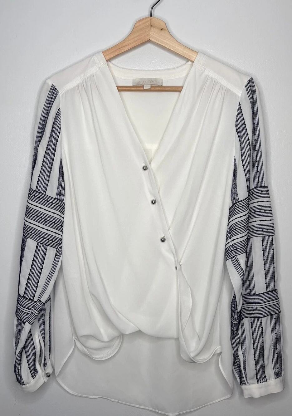 Etcetera Women's White Navy Embroidered Wrap Front Blouse Size 8